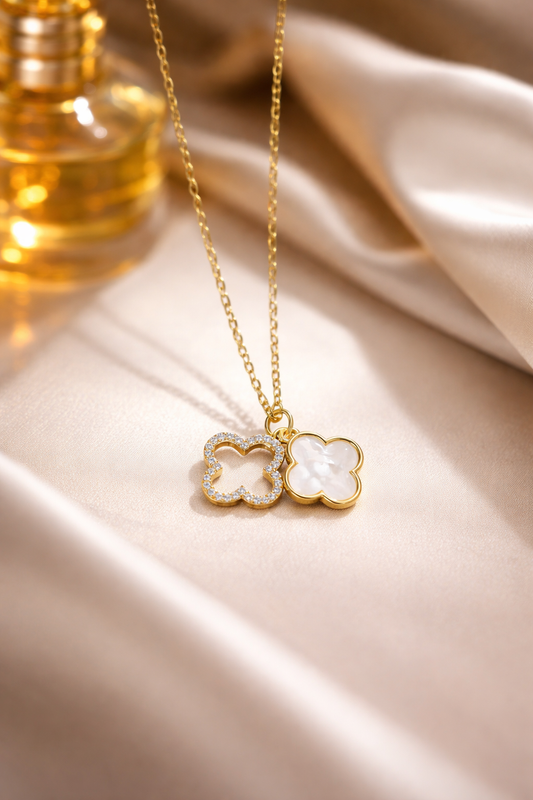 PURE CLOVER DUO Bianco collana dorata elegante quadrifoglio